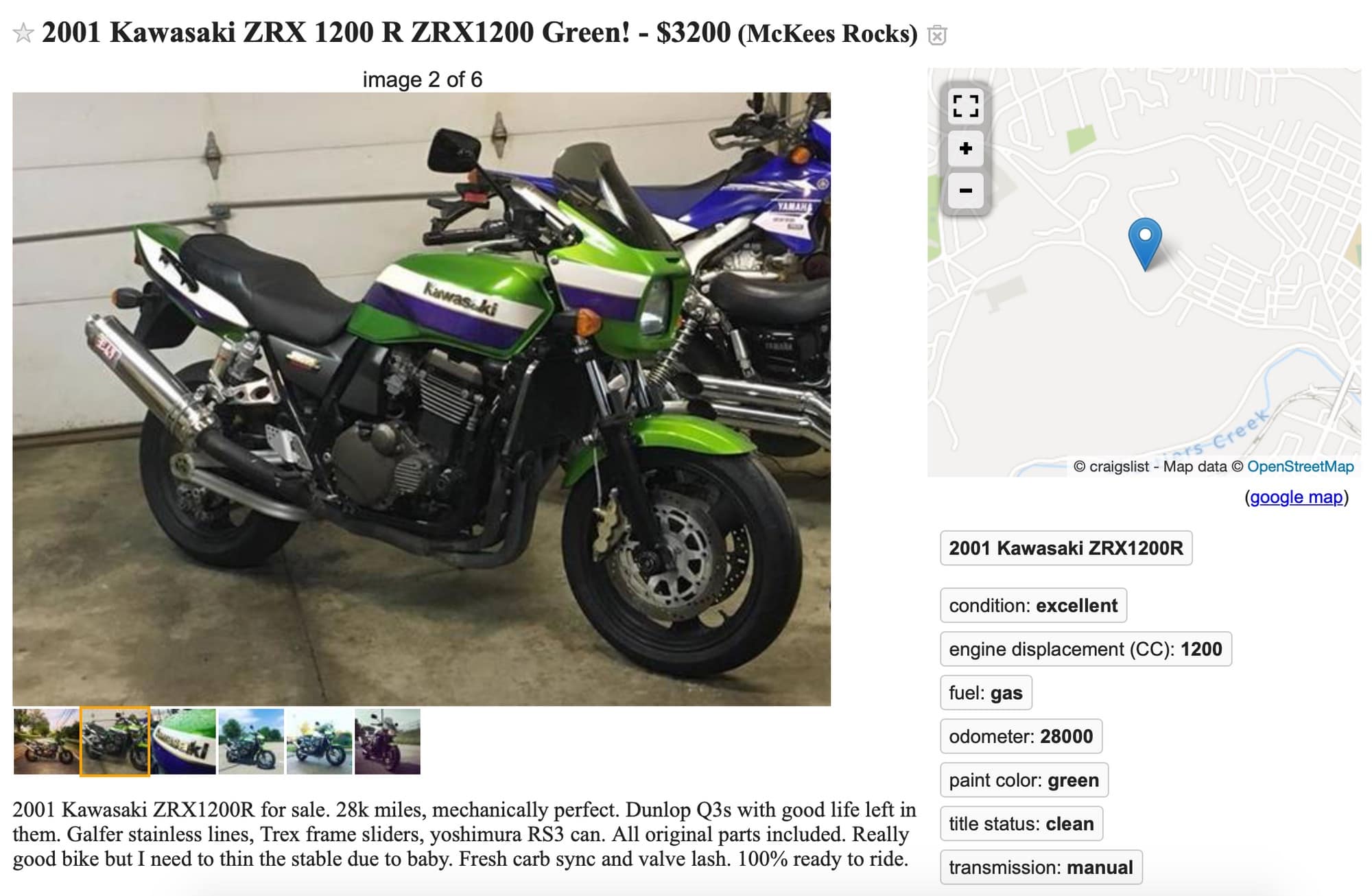 Craigslist ad for green ZRX1200R