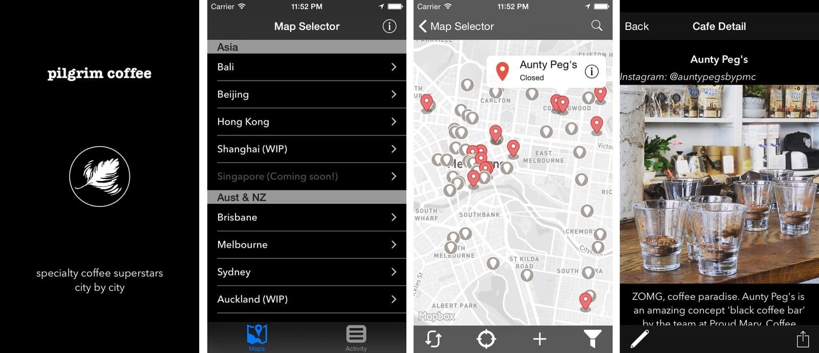 Pilgrim Coffee on the app store as an MVP - screenshots of the app