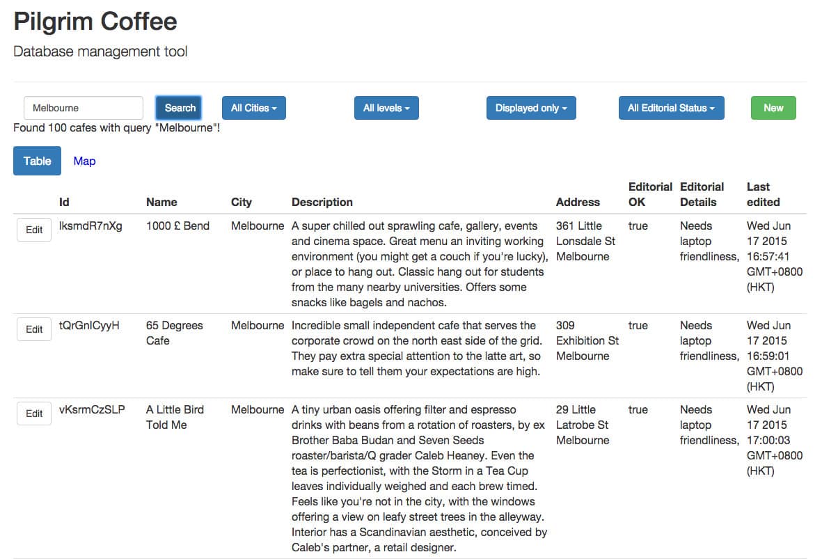 Back-end database for app store app - pilgrim coffee