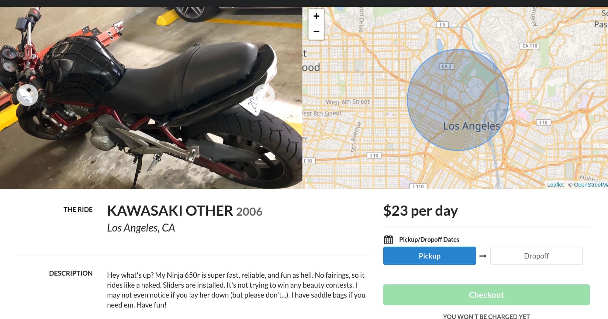 A motorcycle on Riders Share that I didn't rent (but I should! What a steal!)