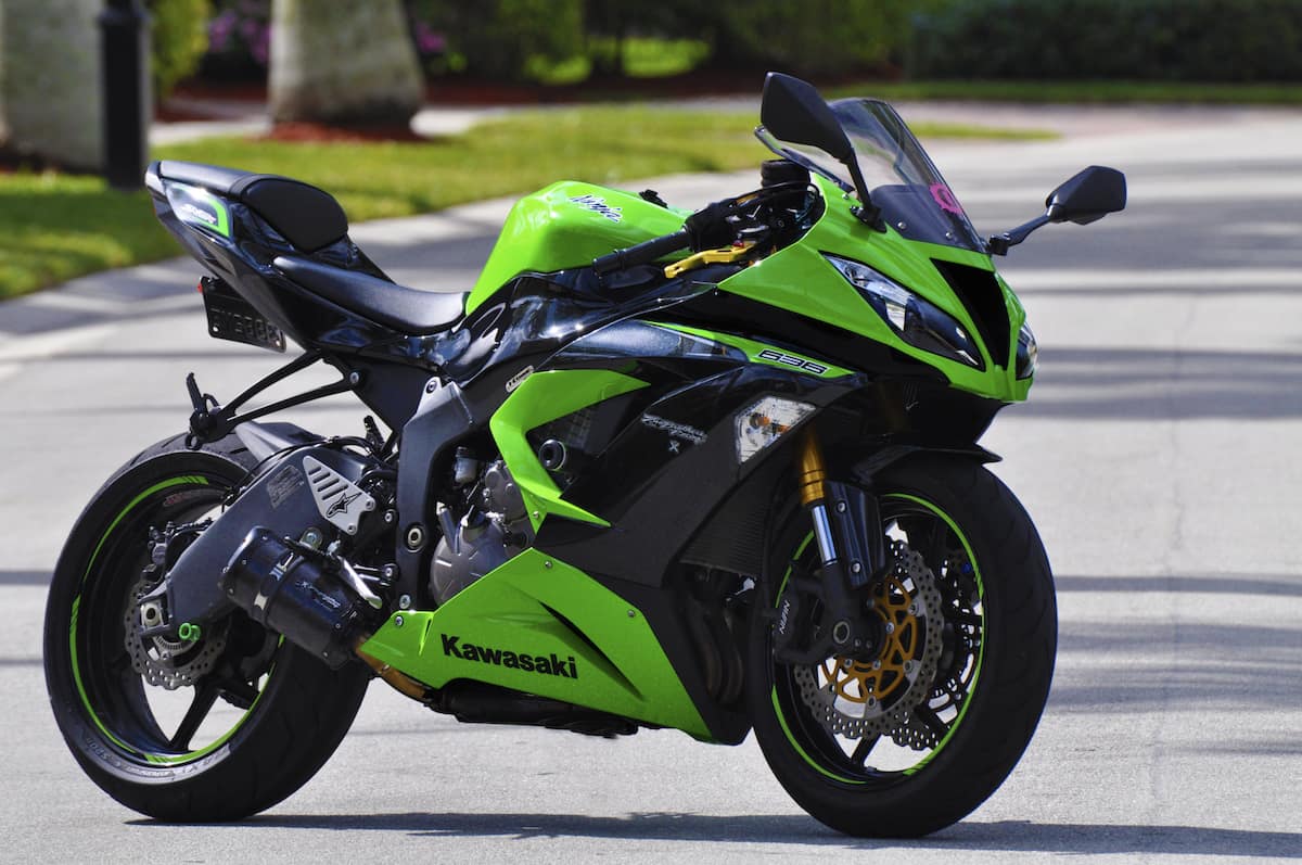 A Kawasaki ZX-6R 636 - in green. A popular 600cc-class motorcycle to buy.