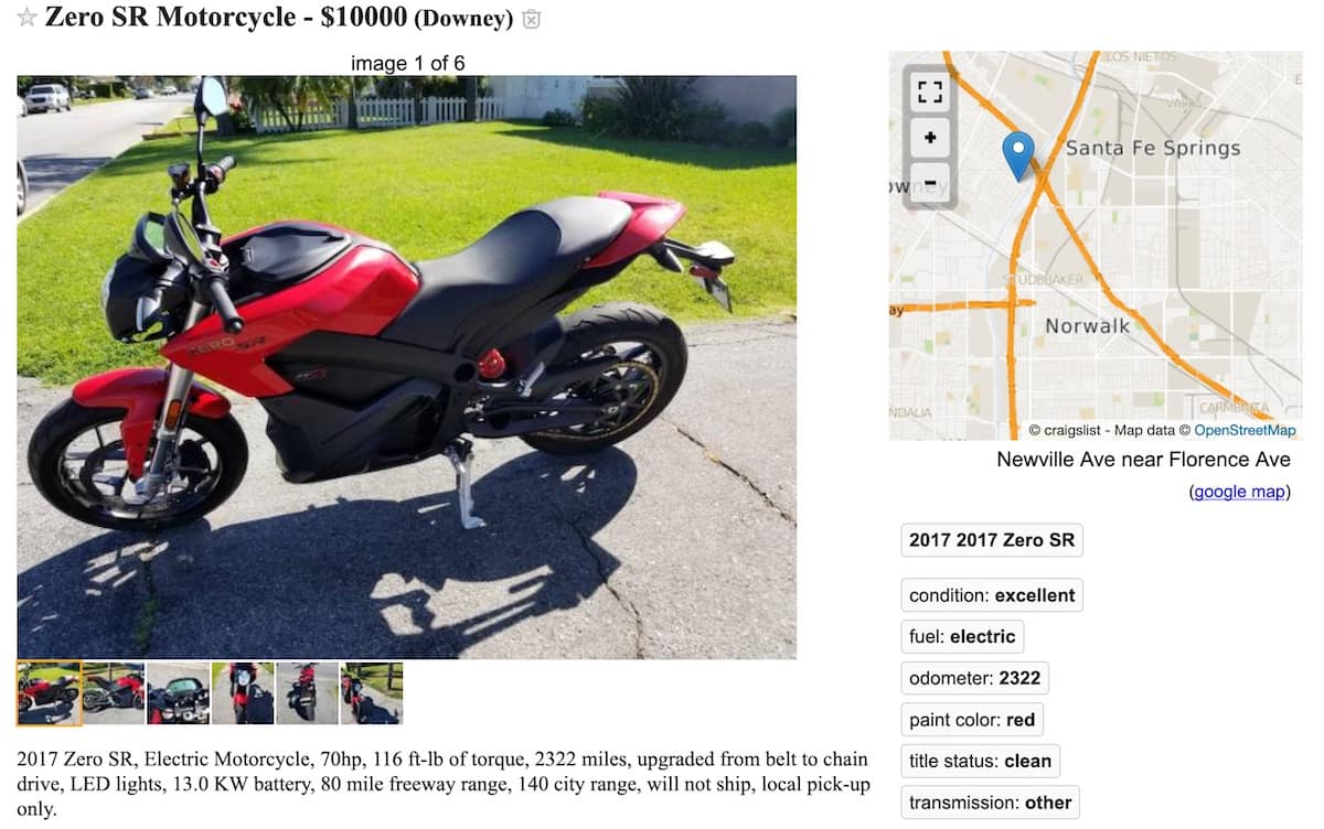 Used Zero SR on Craigslist, showing a large price drop after only two years