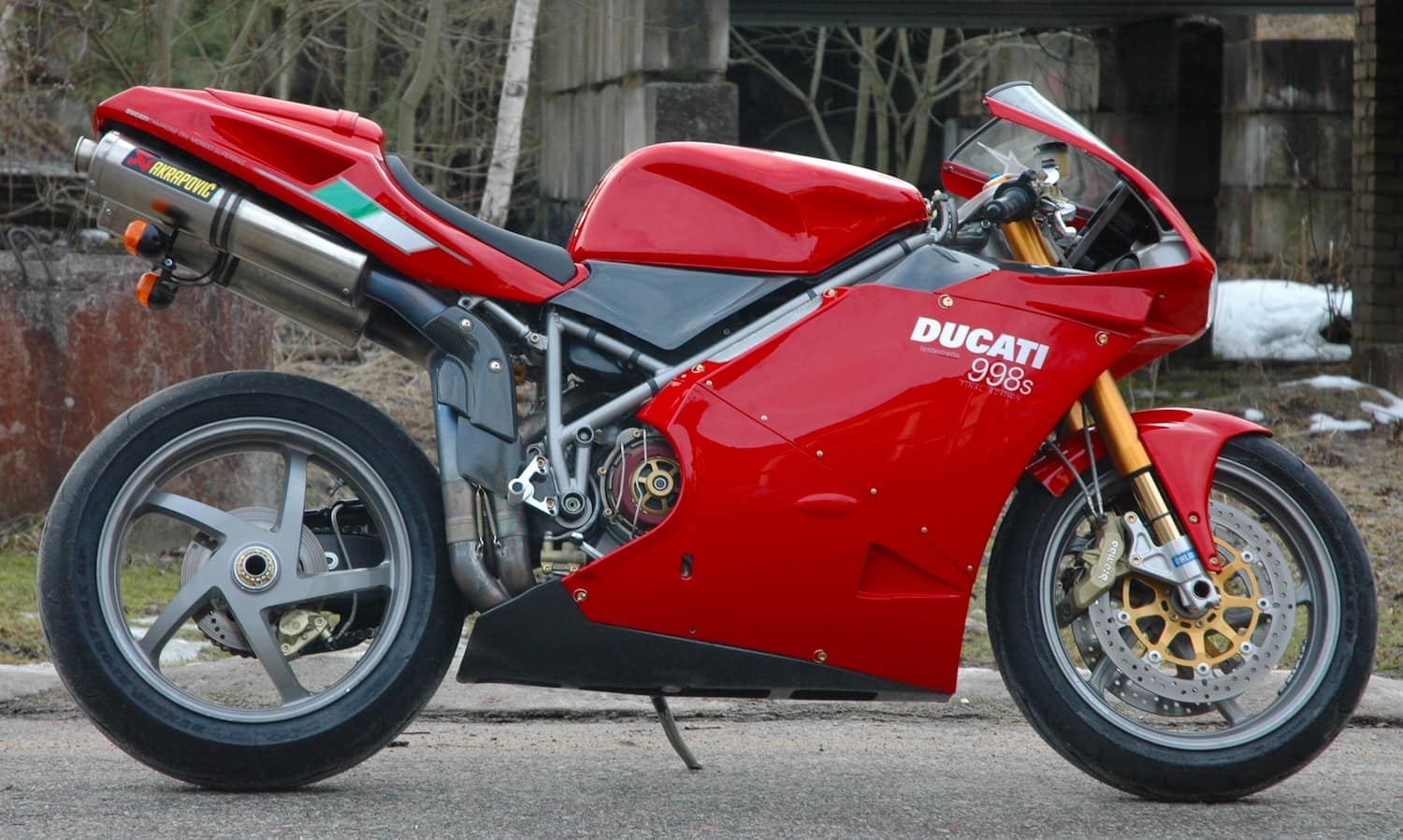 Red ducati 998S with akropovic mufflers