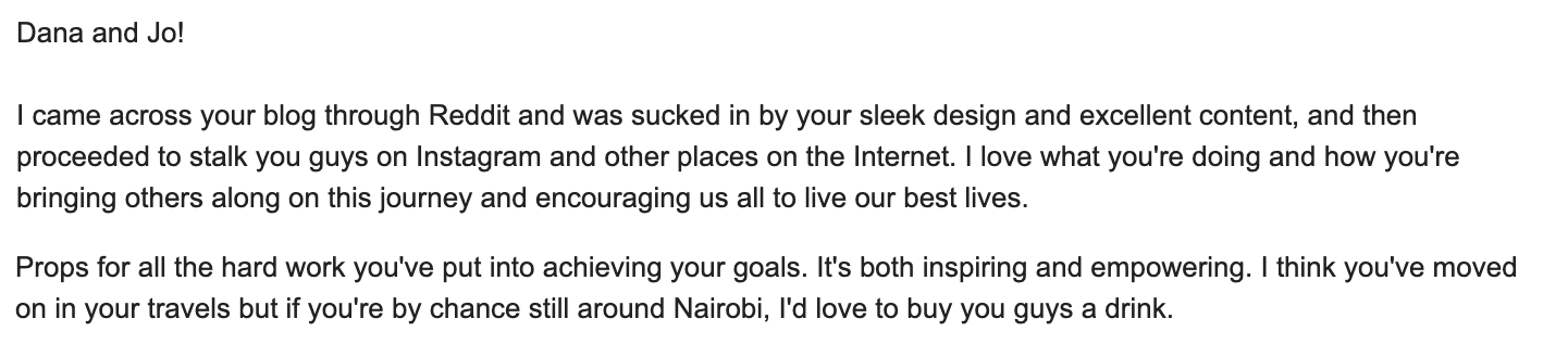 Compliments - letter from a friend in Kenya about our blog