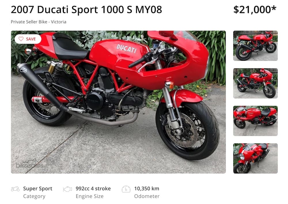 A Ducati Sport 1000S - a classic Ducati, and only get one with Termi mufflers!