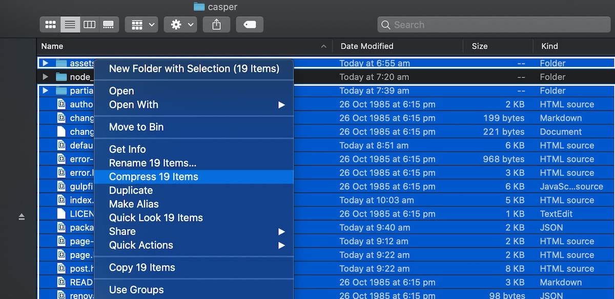 Use the Archive utility to create the Ghost theme to upload