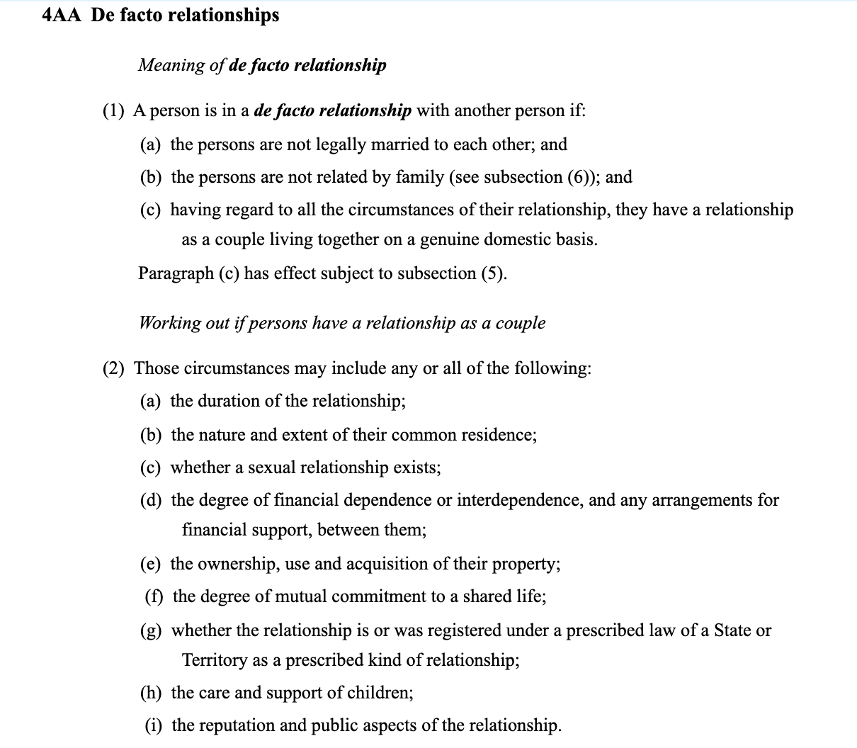 Section 4AA of the Family Law Act 1975 - provisions proving you have a de-facto relationship