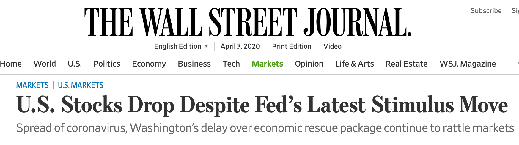 Wall street journal headline - US Stocks fall "despite" something